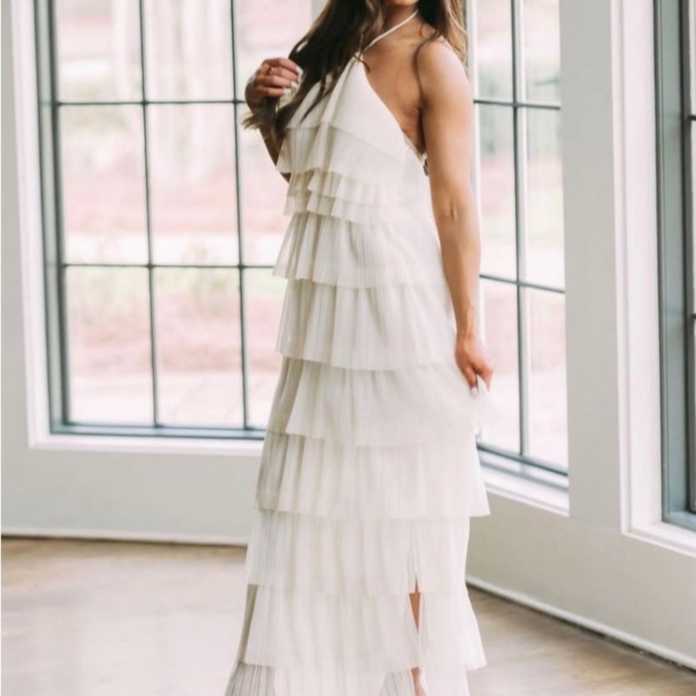 White Asymmetrical Ruffled Halter Maxi Dress